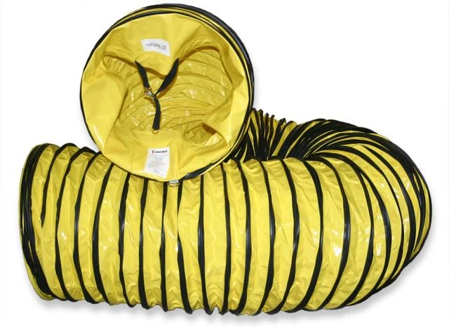 Flexible yellow ventilation ducting hose with black reinforcing rings, coiled on a white background.