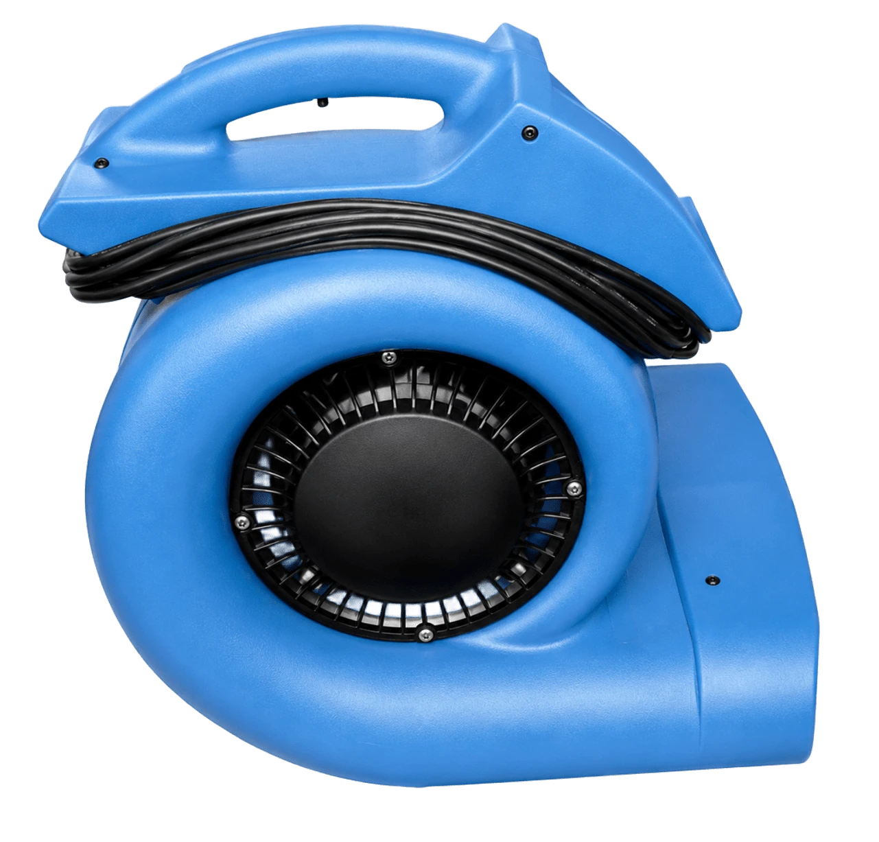 Blue portable electric air blower with a black power cord coiled around the handle, shown against a black background.