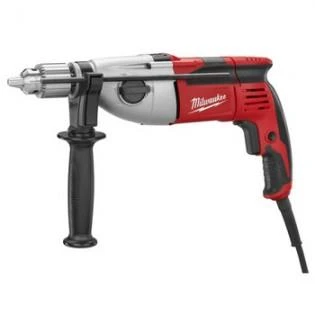 Milwaukee corded electric drill with side handle and ergonomic grip, designed for heavy-duty drilling tasks.