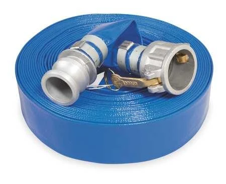 Coiled blue fire hose with metal coupling connectors on a white background.