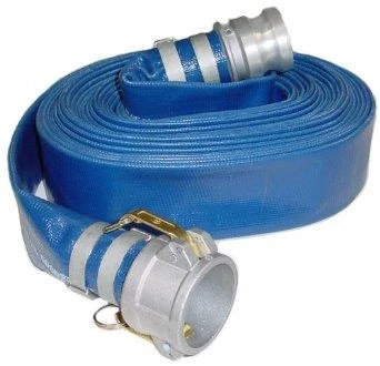 Blue flat fire hose coiled neatly with metal couplings on both ends for quick connection.