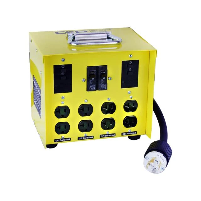 Portable yellow power distribution box with multiple outlets and circuit breakers, designed for heavy-duty electrical use.