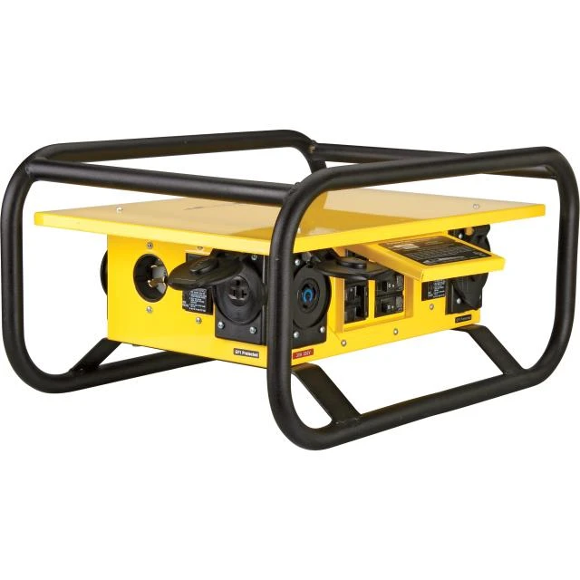 Portable yellow generator with multiple power outlets and a black protective frame.