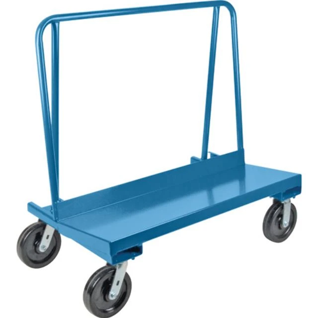 Blue metal platform cart with four swivel caster wheels and a vertical handle for pushing.