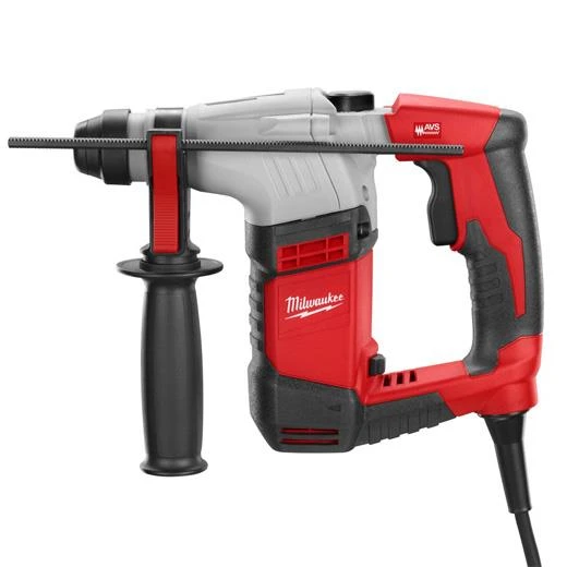 Red and black Milwaukee corded rotary hammer drill with a side handle and ergonomic grip.