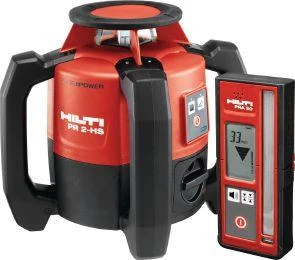 Hilti PR 2-HS rotating laser level and its digital remote control device for precise leveling and alignment tasks.