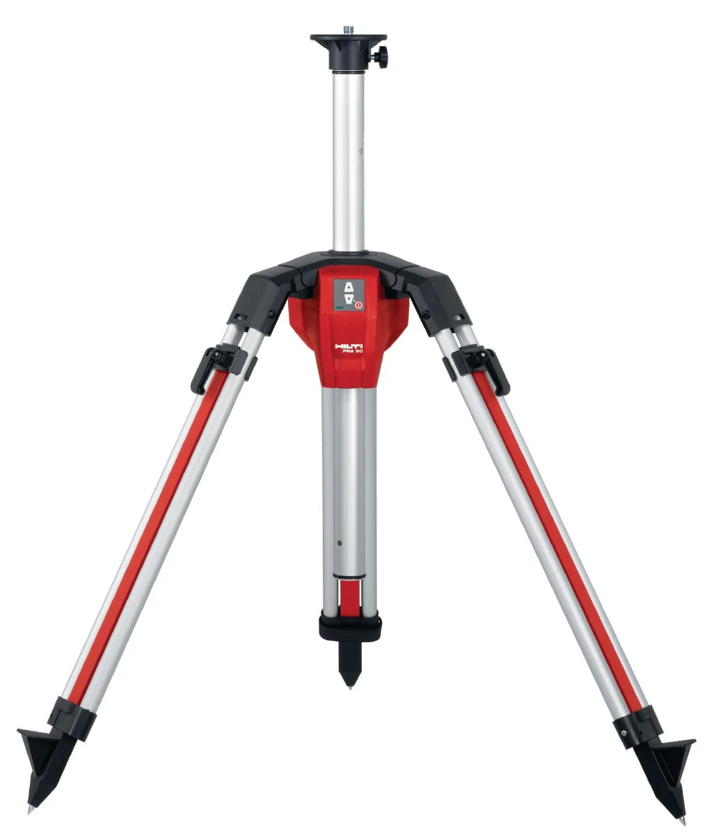 Red and silver adjustable tripod with pointed feet, designed for surveying or construction use.