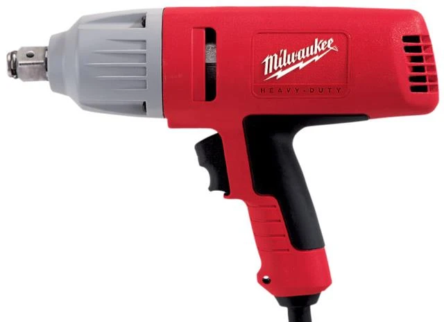 Red and gray Milwaukee electric impact wrench with black handle isolated on white background.