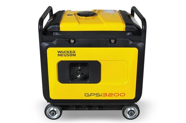 Yellow and black Wacker Neuson GPS 12000 portable generator with wheels for easy mobility, isolated on a white background.
