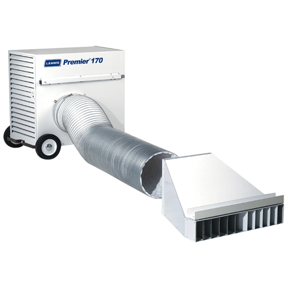 Portable industrial air conditioner with flexible ducting and vent attachment on a black background.