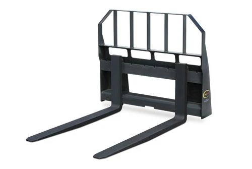Heavy-duty forklift attachment with two long steel forks and a protective backrest.