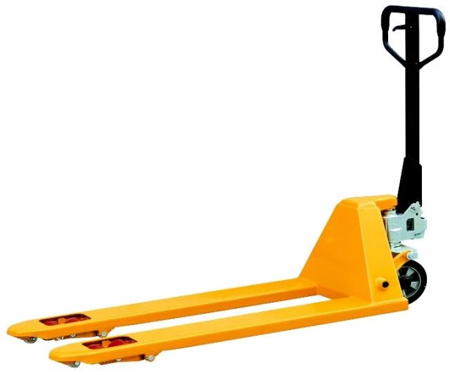 Yellow manual pallet jack with black handle on a white background, used for lifting and moving pallets.