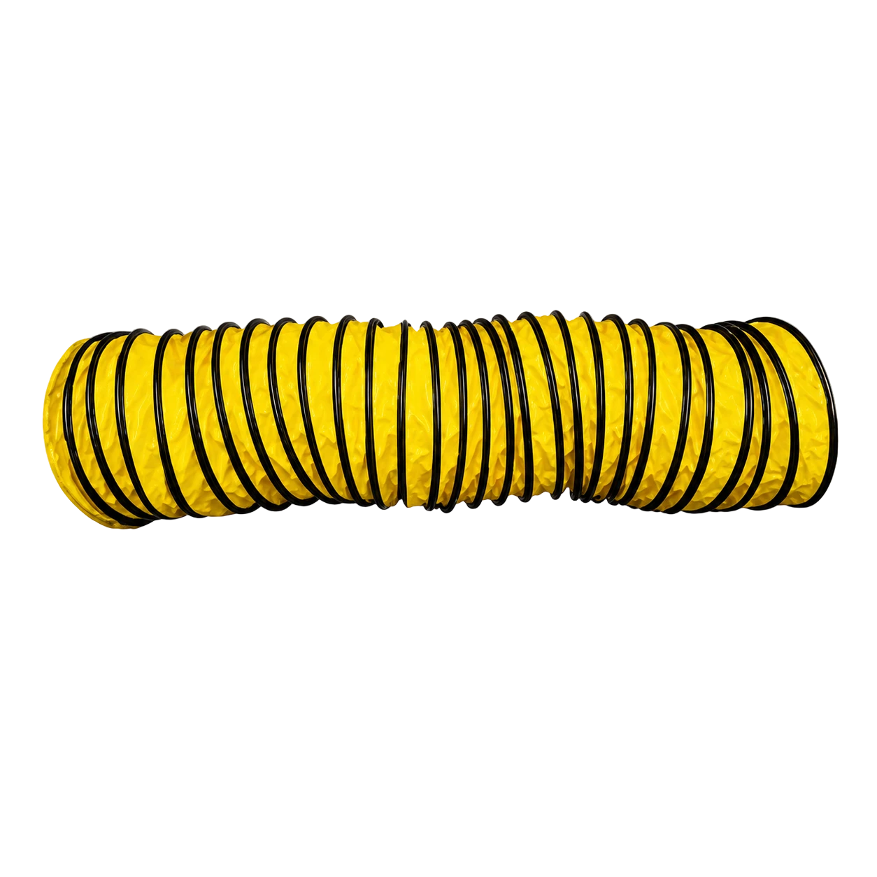 Yellow flexible ventilation duct with black spiral reinforcement on a black background.