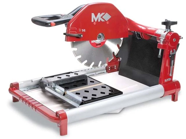 Red MK diamond blade tile saw with adjustable sliding table and water cooling system for precision cutting.