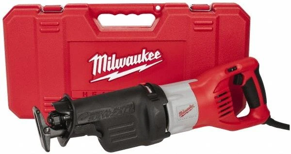 Red and black Milwaukee reciprocating saw positioned in front of a red carrying case with the Milwaukee logo.