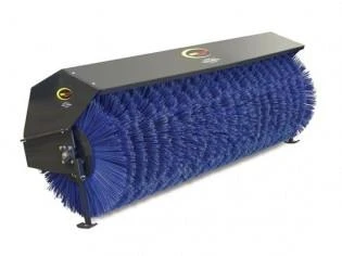 Industrial rotary brush with dense blue bristles and a black metal housing, designed for heavy-duty cleaning tasks.