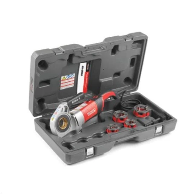 Angle grinder with multiple cutting discs neatly organized in a black plastic carrying case.