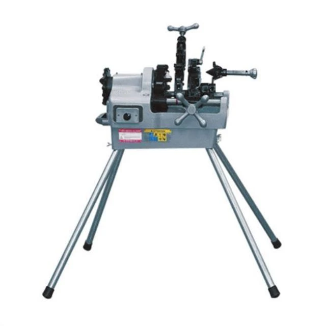 Pipe threading machine with adjustable levers and four sturdy legs, designed for industrial metal pipe threading tasks.