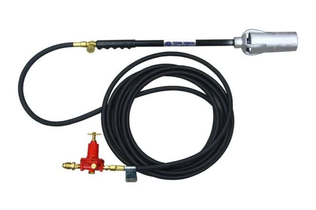 Propane torch kit with a long black hose, red regulator valve, and metal burner head, isolated on white background.