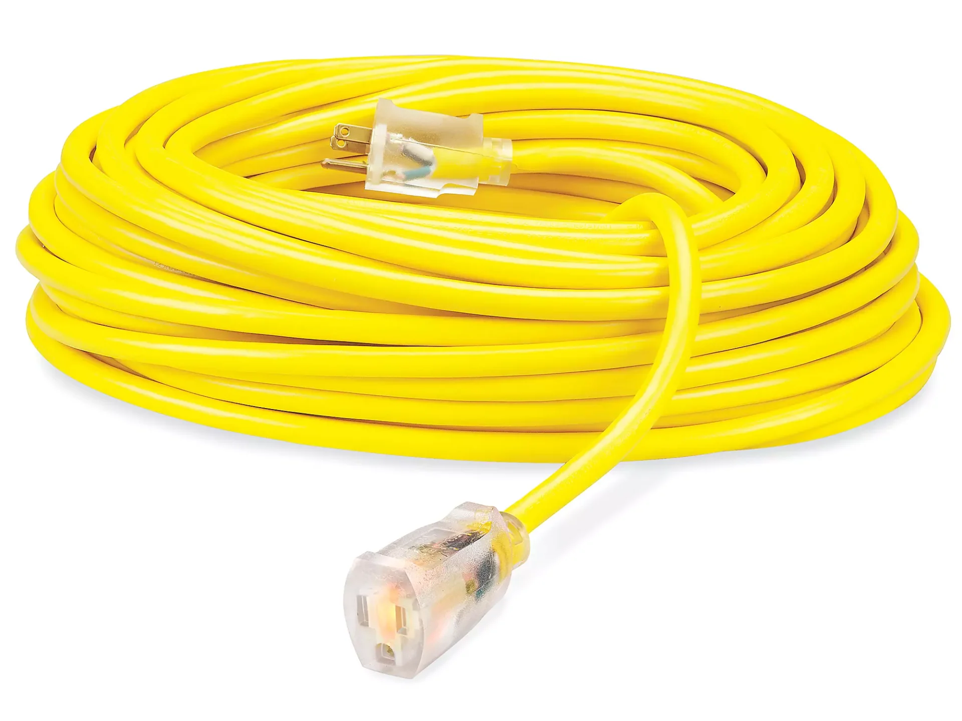 Coiled yellow Ethernet cable with clear RJ45 connectors on both ends isolated on a white background.
